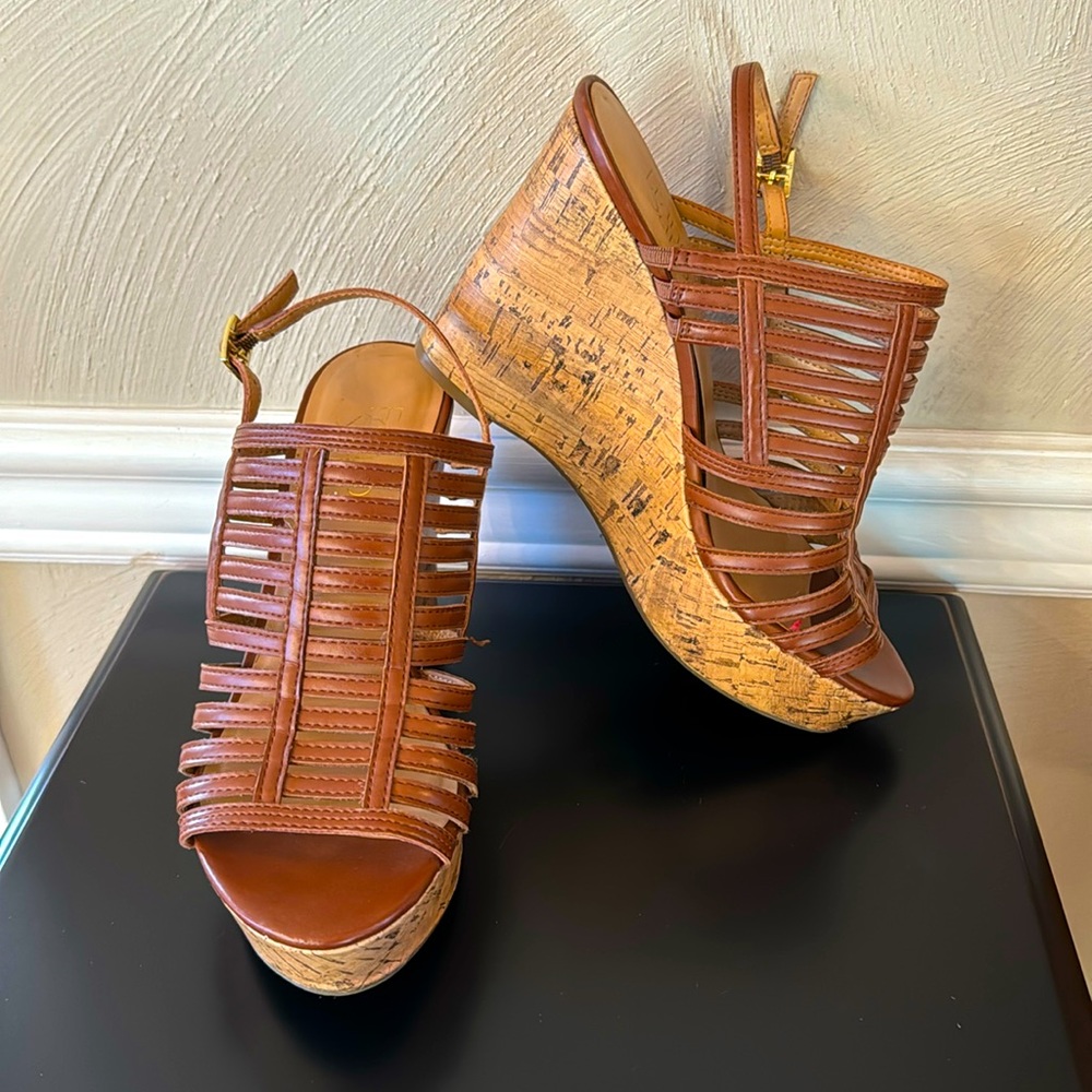 Strappy Franco Sarto brown cork wedge sandals